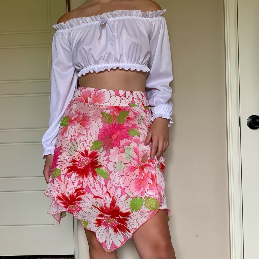 Y2K Pink Layered Floral Gauzy Midi Skirt